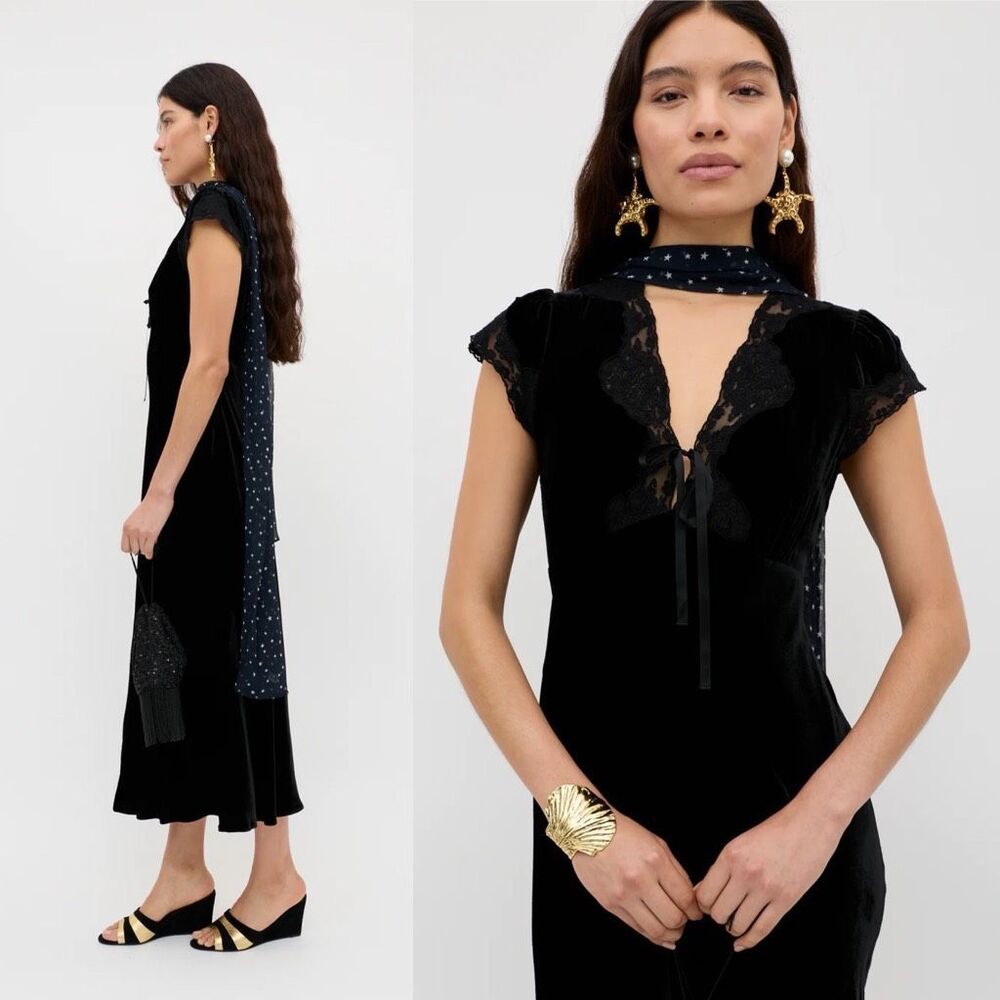 Rixo Amari Silk-Velvet Midi Dress in Black Size 2 - Picture 12 of 12